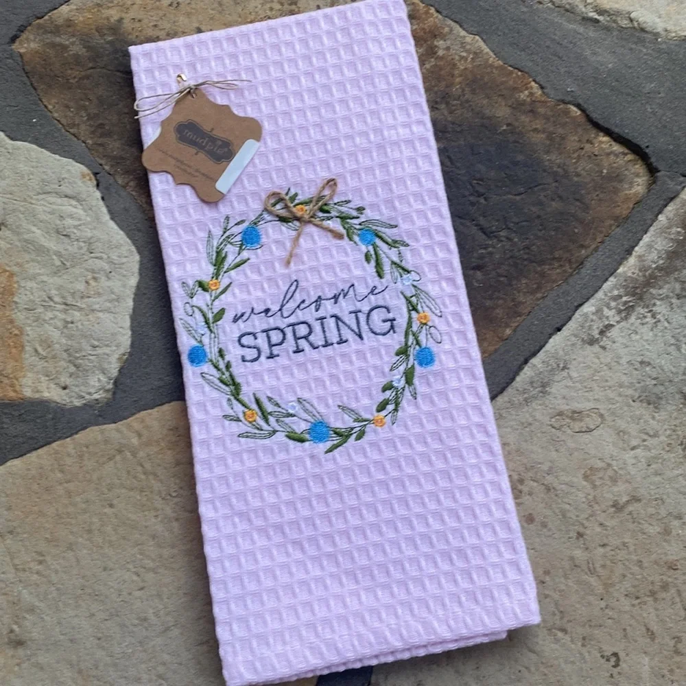 NWT Mud Pie Pink Embroidered Spring Tea Dish Towel, Spatula & Cookie Cutter